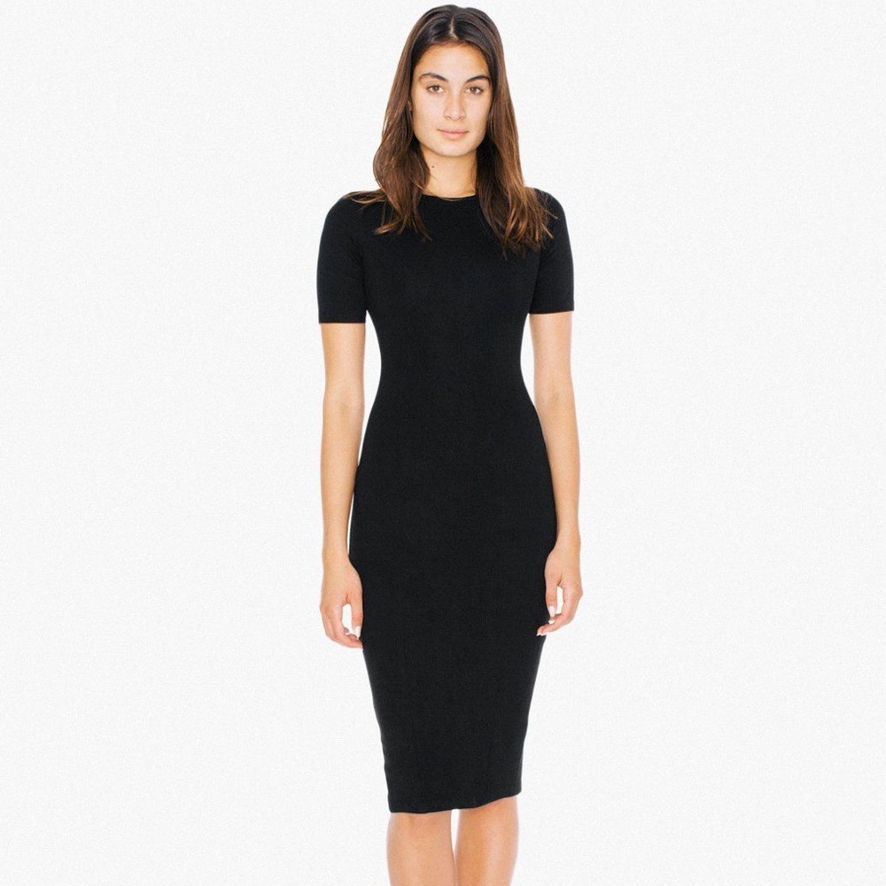 Black Ponte with Short Sleeves Midi Dress